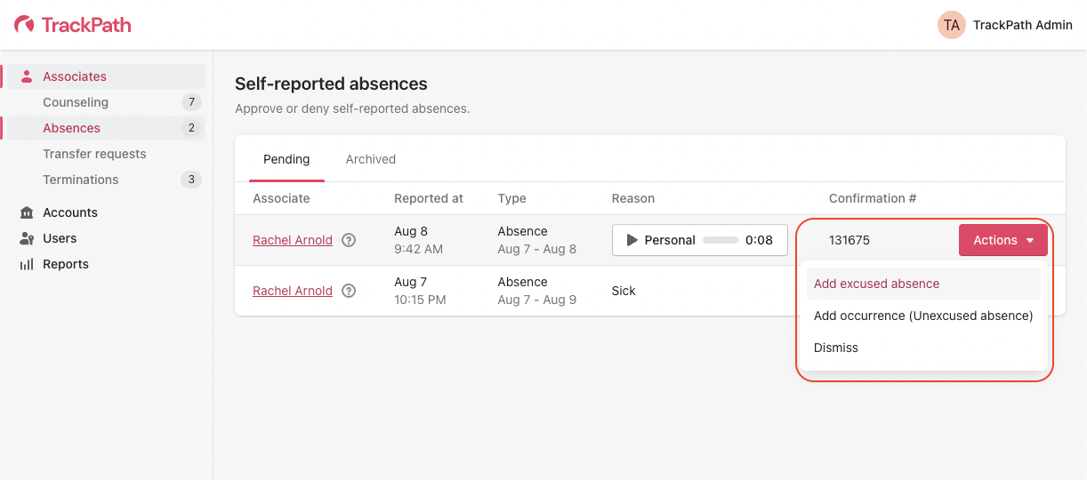 Absence list view actions