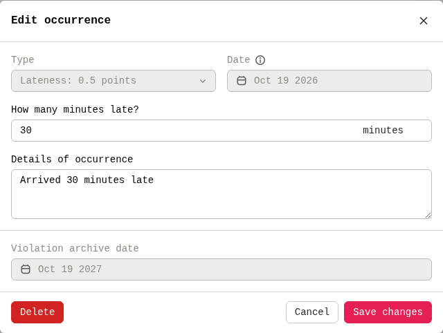 Edit occurrence window with the red Delete button at the bottom left