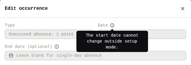 Edit occurrence window with the date locked and the tooltip The start date cannot change outside setup mode.