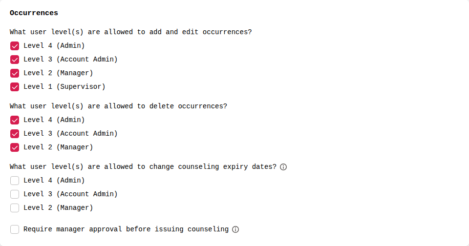 Occurrences card in account settings, with Level 4, Level 3 and Level 2 ticked under What user level(s) are allowed to delete occurrences?