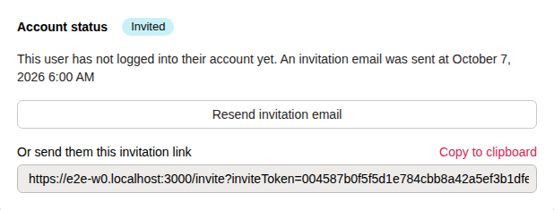 Account status section on a user's profile, showing the Resend invitation email button and the invitation link with Copy to clipboard