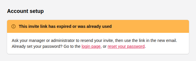 Account setup page showing the warning: This invite link has expired or was already used