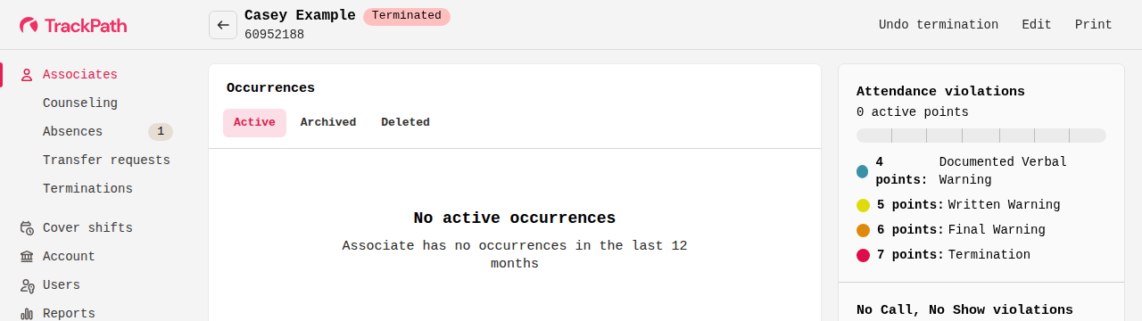 A terminated associate's page with the Undo termination action at the top right